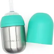 Lion & Lady Stainless Steel Baby Toddler Straw Bottles - Quality 18/8 Kids Milk Bottle, BPA and BPS Free Lid & Collar, Easy to Clean, Adaptable Design - Mint 210ml