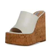 Steve Madden Joanne White Leather Slip On High Platform Wedge Heeled Sandals