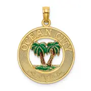 14k Yellow Gold Enameled Palm Trees OCEAN CITY Circle Charm