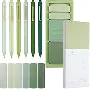 Resurhang Aesthetic Stationery Set Supplies Sticky Notes Set 6 Mini Correction Tapes 6 Retractable Black Ink Pens 0.5mm Fine Point Paper Corrective Pen Self Stick Index Tabs(Green)