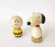 Peanuts Snoopy & Charlie Brown Kokeshi Japanese Wooden Doll Set Figure Handmade