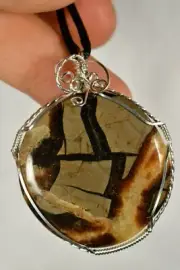*SEPTARIAN NODULE* Pendant 5cm 20g +Cord SILVER Wire Wrapped Australian Made