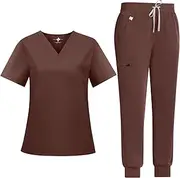 [UnionMed Tech] Scrubs for Women Set, Stretchy Slim Fit V-Neck Top & Jogger Scrub Pants with Multi Pocket Yoga Waistband