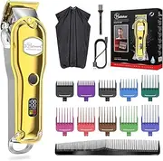 Hatteker Mens Hair Clipper Beard Trimmer Hair Trimmer for Men Cordless Clippers Professional Barbers Grooming Kit IPX7 Waterproof, Rechargeable, Colorful Combs, Gold