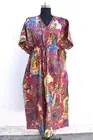 Artistic Folk Print Kaftan Magenta Pink Cotton Dress V-Neck Drawstring Waist 52"