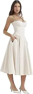 [PWzing] Women's Spaghetti Strap Bustier Dress with Pocket Sleeveless Back Zipper Corset Sundress Pleated Hem Boho Midi Dress
