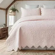 Brandream Full Size Quilt Set Cotton Light Pink Quilts Farmhouse Bedding Set Matelasse Coverlet Set Scalloped Edge Quilts 3-Piece