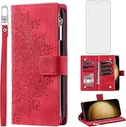 [Asuwish] Phone Case for Samsung Galaxy S23 5G Wallet Cover with Tempered Glass Screen Protector and Wrist Strap Mandala Flower Flip Zipper Card Holder Cell S 23 23S GS23 G5 SM-S911U 6.1 inch Red