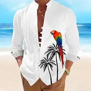 Men's Parrot Summer Hawaiian Shirt Aloha Shirt Long Sleeve Hawaiian Resort Vacation Summer Spring V Neck Button Up White Blue Green Beige