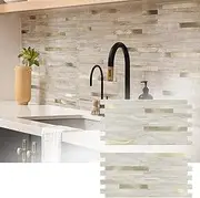 [KASARO] 20 Sheets Peel and Stick Backsplash Tile, Stick on Kitchen, Bathroom, Fireplace and RV, PVC Adhesive Mosaic Marble Beige with Vintage Gold Embellished Stripes Wall Tile