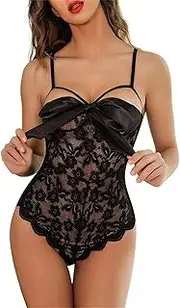[DGHM-JLMY] Women's Tie Front Teddy Lingerie 1 Piece Floral Lace Bodysuit Sheer Babydoll Snap Crotch See Through Lingerie