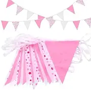 Topeedy Pink White Bunting Banner With Stars, 65.6 Feet 52pcs Triangle Flags Pennant for Indoor Outdoor Birthday Wedding Engagement Party Decoration …