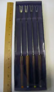 Vintage Fondue Forkes Wood color coated handles Steel NEW