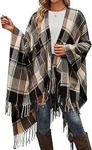 [VIMPUNEC] Women Boho Buffalo Plaid Poncho Pashmina Shawl Wrap Cape Sweater Knitting Cardigan with Tassel