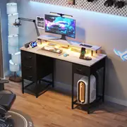 Advwin Gaming Desk w/ RGB LED Lights & Power Outlets 120cm Computer Desk w/ Drawers & Monitor Stand Grey