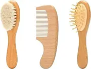 Baby Hair Brush Set, Wooden Comb Massage Scalp Comb Natural Goat Bristles 3-Piece for Newborns & Toddlers, Ideal for Cradle Cap & Itching, Perfect Shower and Registry Gift