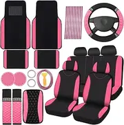 BBTO 43 Pcs Bling Car Accessories Set for Women Front Seats and Rear Bench Polyester Car Seat Protectors Wheel Cover Seat Car Floor Mats Full Crystal Automotive Interior Decor(Pink and Black)