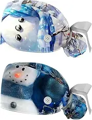 [YTYVAGT] 2-Pc,Nurse Scrub Caps,Scrub Hats with Buttons and Cotton Sweatband,Christmas Tree Snowman Snowflake
