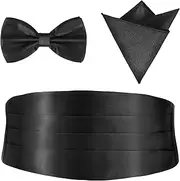 [KALIONE] Cummerbund and Bow Tie Set, Adjustable Solid Color Tuxedo Cummerbund and Bow Tie with Breast Pocket Square Hanky for Men, Black, Black, One size