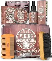 (Beard Care Kit - Sandalwood) - Beard Care Kit for Men- Sandalwood- Ultimate Beard Grooming Kit includes 100% Boar Beard Brush, Wood Beard Comb, Sandalwood Beard Balm, Sandalwood Beard Oil, Beard & Moustache Scissors- Metal Gift Box