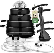 [Nutrichef] 17 Piece Black Stackable Pans & Pans Set, Induction Nonstick Kitchen Utensils, Space Saving Cookware, Easy to L (Assorted Sizes)