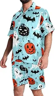 [FNETJXF] Men's Hawaiian Shirts and Shorts Set, Mens 2 Piece Short Set, Mens Beach Outfit, Halloween Pumpkin Skull Bat, Mens Summer Outfits