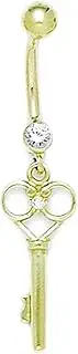 [JewelryWeb] 14k Yellow Gold CZ Simulated Diamond 14 Gauge Dangling Key Body Jewelry Belly Ring 41x9mm-Body Piercing-Ring for Men