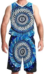 [KQNZT] Basketball Jersey and Shorts, Jersey Shorts Outfit Set, Mens Basketball Jerseys, Modern Geometric Circle Blue Mandala Art