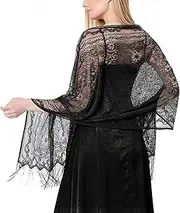 [changyexi] Casual Black Shawls and Wraps for Evening Dresses, Lace Shawl Wraps for Women Formal, Wedding Shawl, Black, One Size
