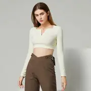 Eco-Friendly Long-Sleeve Plain V-Neck Crop Top Blue - M