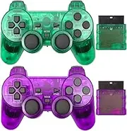 Wireless Controller for PS2,Built-in Dual Vibration 2.4G Gamepad Joystick Compatible for Playstation 2 (2PACK, Clear Purple and Clear Green)