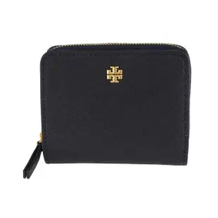 【TORY BURCH】Emerson 金屬TB LOGO雙折扣式皮夾短夾零錢包 黑色(147606-001)