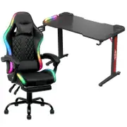 Advwin 120cm Black Gaming Desk RGB LED Light & Gaming Chair with Footrest LED Light Black