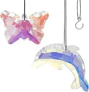 NEONWE 2 PCS Crystal Suncatchers,Butterfly and Dolphin Sun Catcher,Hanging Prism Window Decor for Home, Garden, Indoor Outdoor Decoration