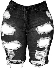 [Generic] Bermuda Shorts for Women Ripped Destroyed Stretchy Denim Short High Waist Skinny Cuffed Hem Shorts Jeans