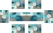 Emvency Farmhouse Table Runner and Placemats Set of 6, Cotton-Linen Abstract Teal and Grey Painting Art Dining Table Decor for Daily Use(1 Table Runner 72 inches Long and 6 Placemats)
