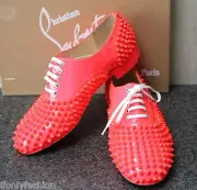 NIB Christian Louboutin FREDDY FLAT PATENT FLORESCENT PINK OXFORDS SHOES 37.5