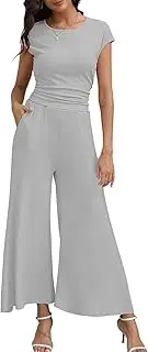 [GUNEST] Summer Two Piece Lounge Sets for Women 2024 Cap Sleeve Crew Neck Top Loose Wide Leg Pant Casual Outfits