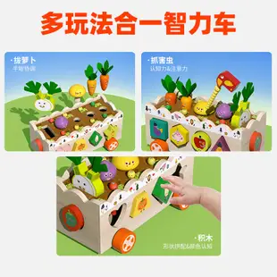 兒童木製果蔬育兒盒 幾何形狀配對拔蘿蔔 抓蟲多功能智力盒 益智玩具