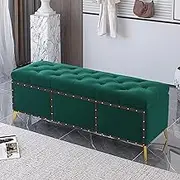 Modern Entryway Shoe Bench Upholstered Velvet Storage Ottoman Tufted End of Bed Bench for Bedroom Footrest Stool with Gold Base & Nailhead Trim for Living Room(Color:Green,Size:60x40x45cm)