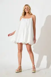 Bryson Bubble Hem Dress Spaghetti Strap in White Cotton 8