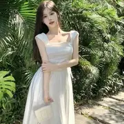 Cap-Sleeve Square Neck Plain Drawstring Maxi A-Line Dress White - S