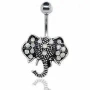 P2GO Silver 14G Elephant Belly Button Ring with White Faux Opal Stone 316L