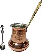 LEO Design Turkish Coffee Pot 5 Sizes, Coffee Maker Greek Arabic Coffee Stovetop Thick 3mm Solid Hammered Handmade Engraved Copper Cezve Ibrik Briki with Wooden/Brass Handle (Brass Handle, 250 ml)