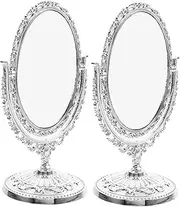 FOYTOKI 2pcs Retro European Style Swivel Vanity Mirror with Decorative Edge Dual Sided Makeup Mirror for Desk Dressing Table Countertop