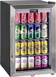 Schmick Tropical Rated Glass Door Bar Fridge | 70L | Triple glazed stainless door with handle, lock, LOW E glass, LED strip lighting. Fit 85 cans. Long term manufacturer with 2 year warranty.