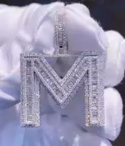 3Ct Round Real Moissanite Men's M Initial Pendant 14K White Gold Silver Plated