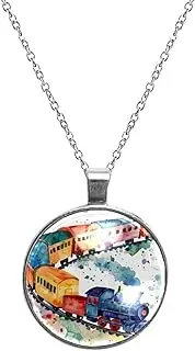 [Diusye] Necklaces for Women, Watercolor Trains with Long Carriages Print Stainless Steel Pendant Necklace Jewelry Birthday Anniversary Wife Girls Friends Gift