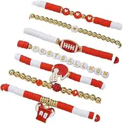 [Azusa Sun] Sports Lover Game Day Bracelets Football Charm Bracelet Red Black Green Heishi Clay Beaded Stackable Stretch Bracelets Set Football Mom Outfits Jewelry for Women