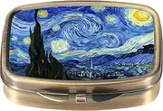 Dynippy Pill Case Pill Box with Mirror Pocket 2 Compartment Medicine Case Vitamin Pill Organizer for Pocket Purse and Travel Gifts (A-Van Gogh The Starry Night)